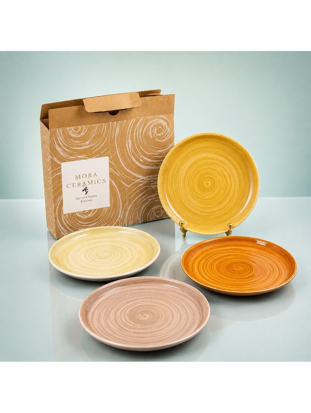 NWOT Mora Ceramics Set Of 4 Salad Plates Helix Swirl Earth Colors Porcelain, 8"